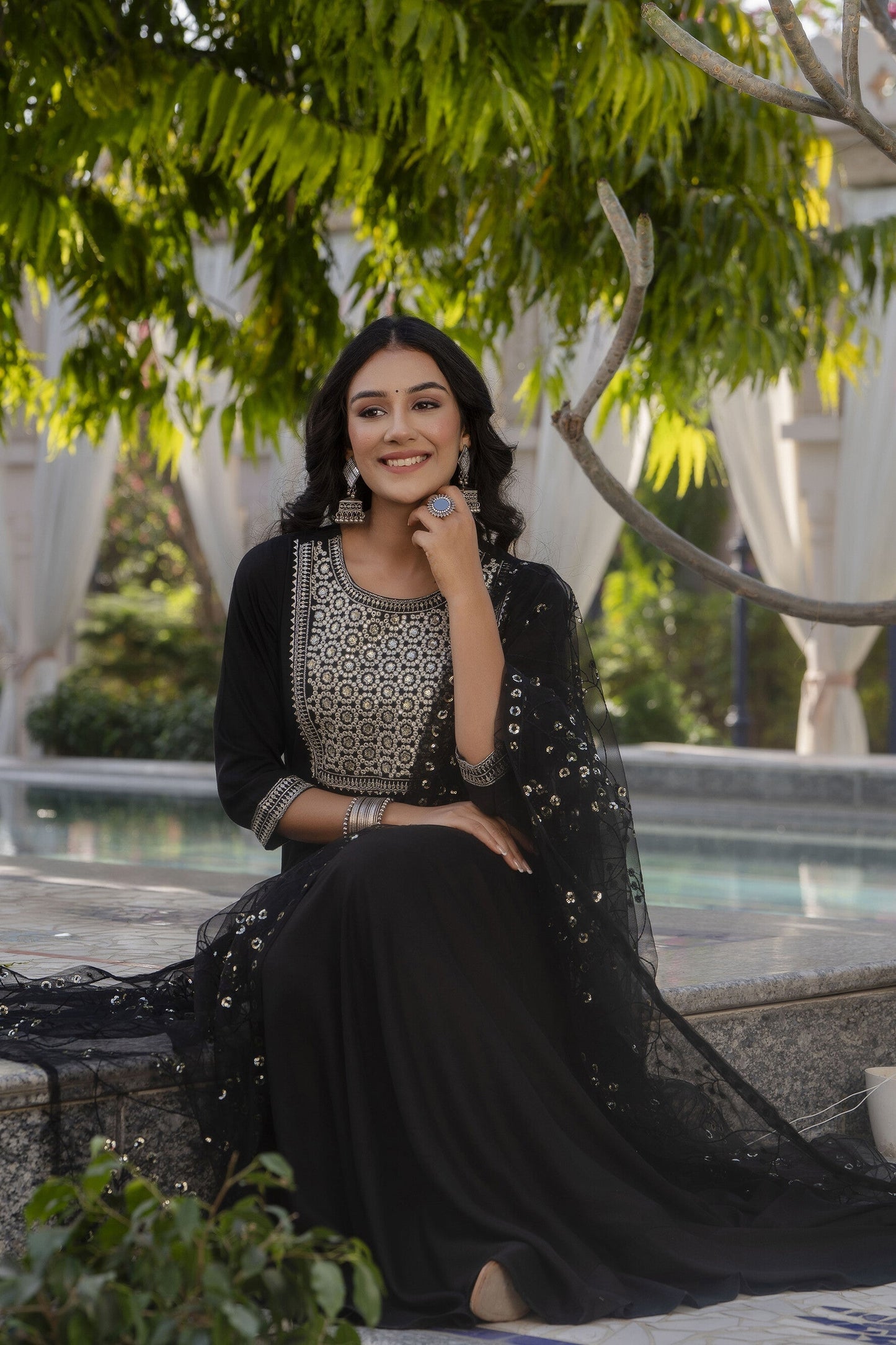 Women Black Embroidered Solid Dress With Net Sequence Dupatta | LASVINI - Redefining Indian Fashion with Elegance