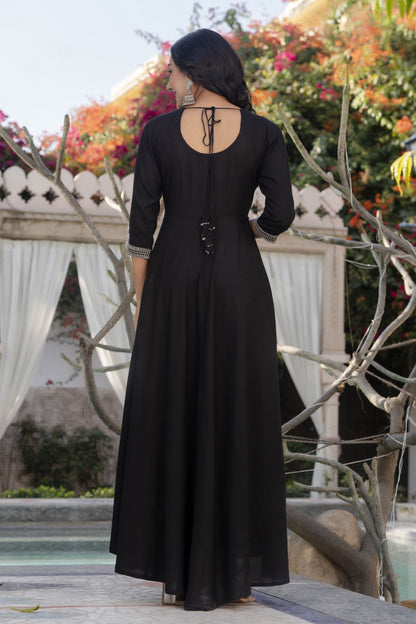 Women Black Embroidered Solid Dress With Net Sequence Dupatta | LASVINI - Redefining Indian Fashion with Elegance