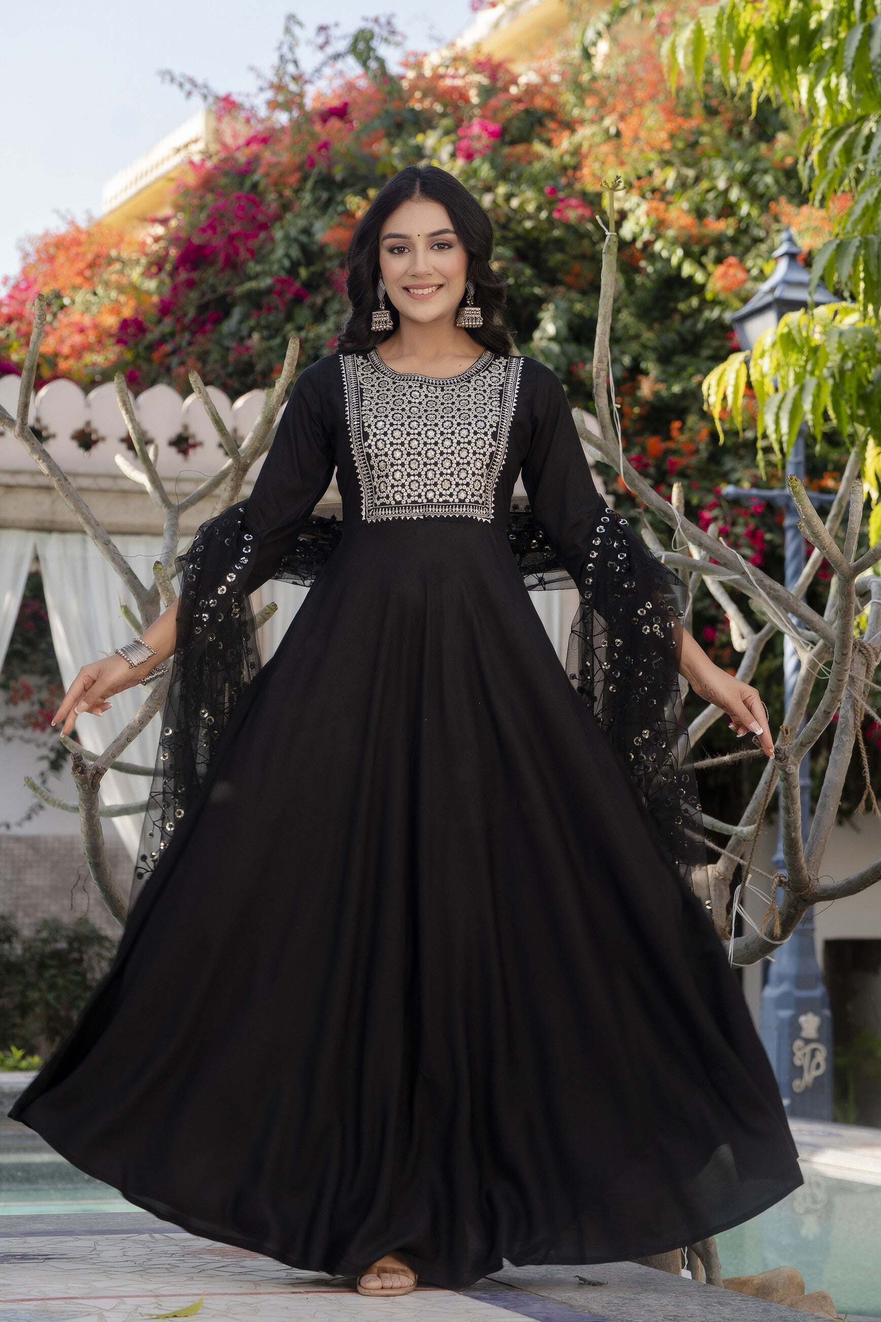 Women Black Embroidered Solid Dress With Net Sequence Dupatta | LASVINI - Redefining Indian Fashion with Elegance