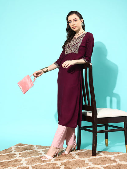Women Burgundy Embroidered Yoke Design Straight Kurta | LASVINI - Redefining Indian Fashion with Elegance