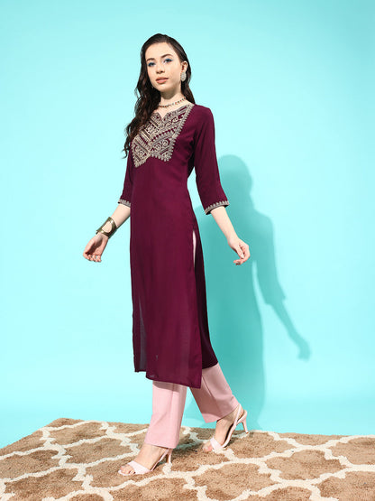 Women Burgundy Embroidered Yoke Design Straight Kurta | LASVINI - Redefining Indian Fashion with Elegance