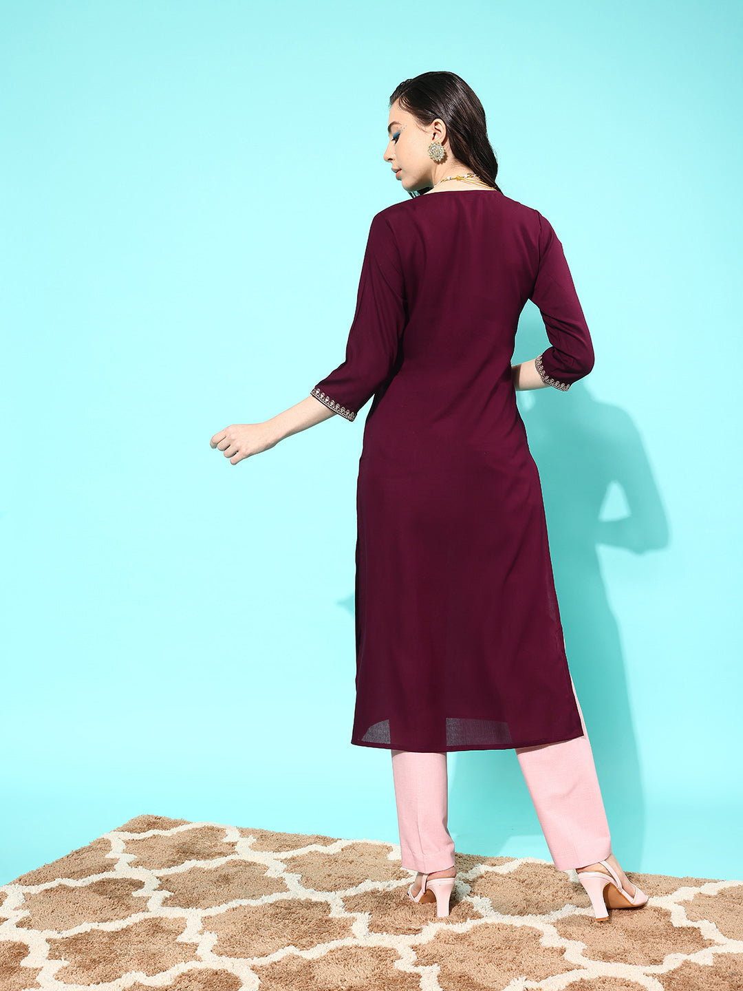 Women Burgundy Embroidered Yoke Design Straight Kurta | LASVINI - Redefining Indian Fashion with Elegance