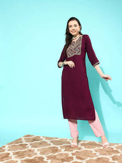 Women Burgundy Embroidered Yoke Design Straight Kurta | LASVINI - Redefining Indian Fashion with Elegance