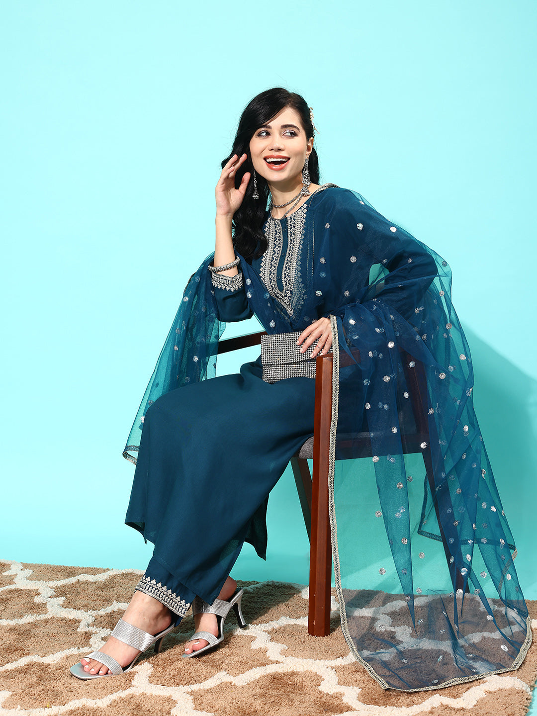 Women Teal Blue Embroidered Straight Kurta With Palazzo And Net Dupatta | LASVINI - Redefining Indian Fashion with Elegance