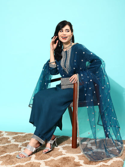 Women Teal Blue Embroidered Straight Kurta With Palazzo And Net Dupatta | LASVINI - Redefining Indian Fashion with Elegance