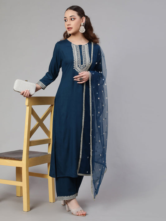 Women Teal Blue Embroidered Straight Kurta With Palazzo And Net Dupatta | LASVINI - Redefining Indian Fashion with Elegance
