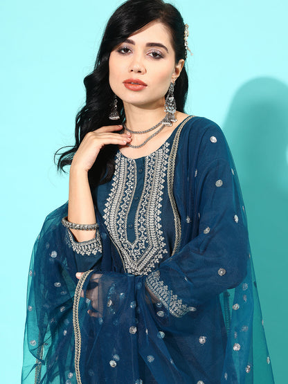 Women Teal Blue Embroidered Straight Kurta With Palazzo And Net Dupatta | LASVINI - Redefining Indian Fashion with Elegance