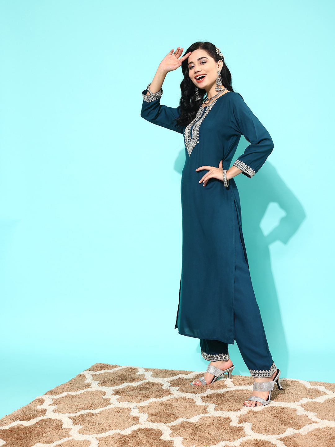 Women Teal Blue Embroidered Straight Kurta With Palazzo And Net Dupatta | LASVINI - Redefining Indian Fashion with Elegance