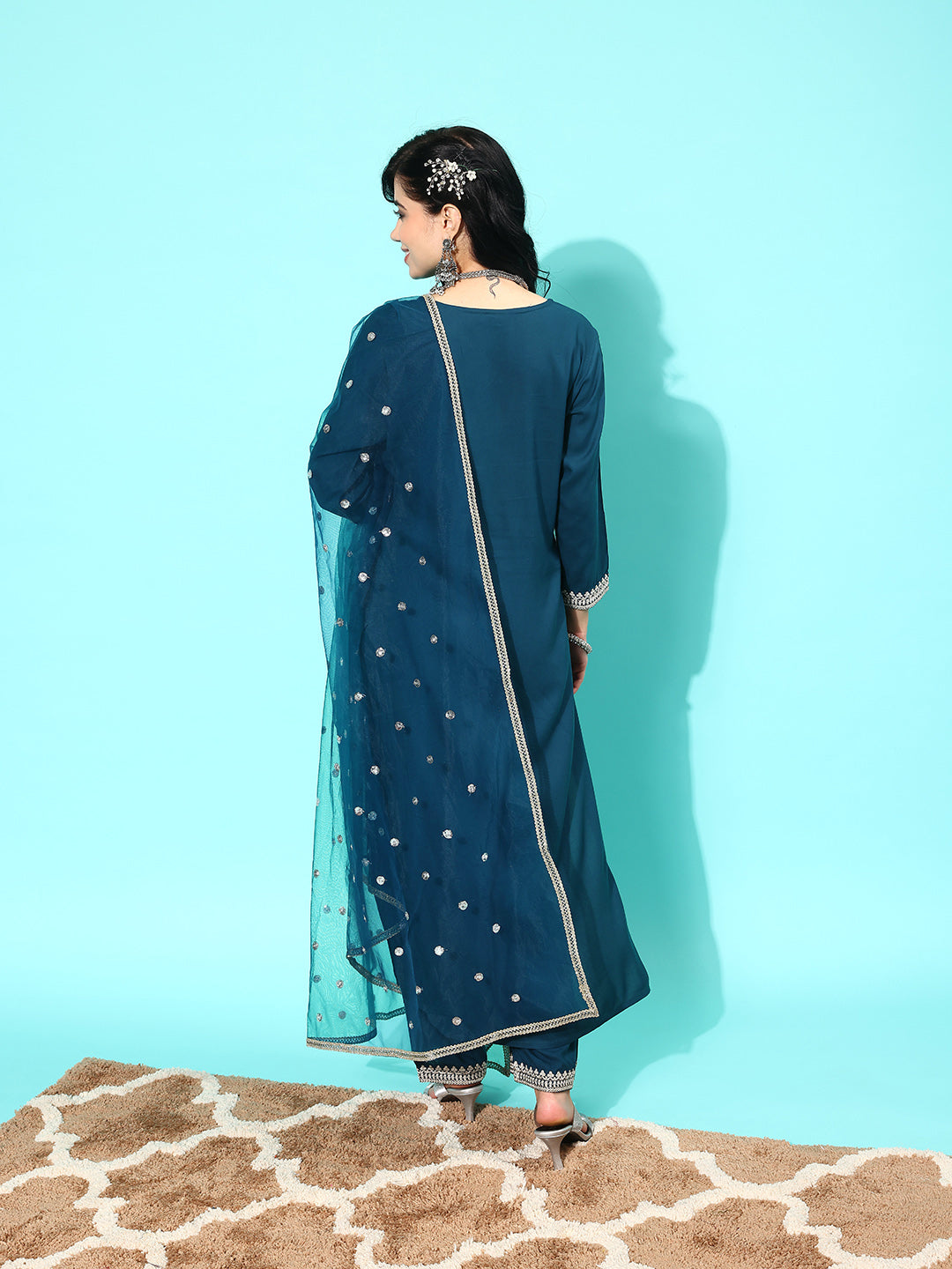 Women Teal Blue Embroidered Straight Kurta With Palazzo And Net Dupatta | LASVINI - Redefining Indian Fashion with Elegance