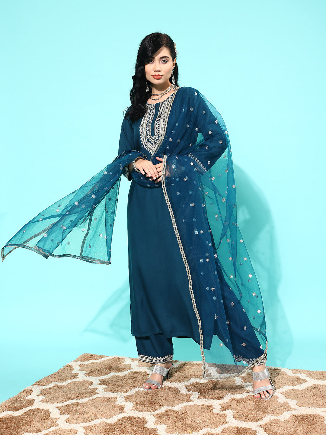 Women Teal Blue Embroidered Straight Kurta With Palazzo And Net Dupatta | LASVINI - Redefining Indian Fashion with Elegance