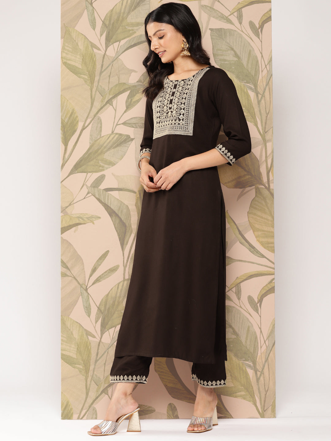 Women Brown Embroidered Straight Kurta With Palazzo And Dupatta | LASVINI - Redefining Indian Fashion with Elegance