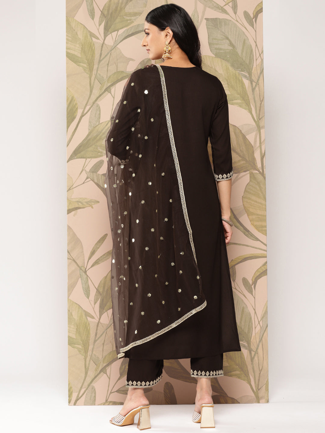 Women Brown Embroidered Straight Kurta With Palazzo And Dupatta | LASVINI - Redefining Indian Fashion with Elegance