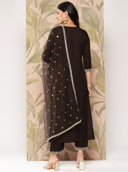 Women Brown Embroidered Straight Kurta With Palazzo And Dupatta | LASVINI - Redefining Indian Fashion with Elegance