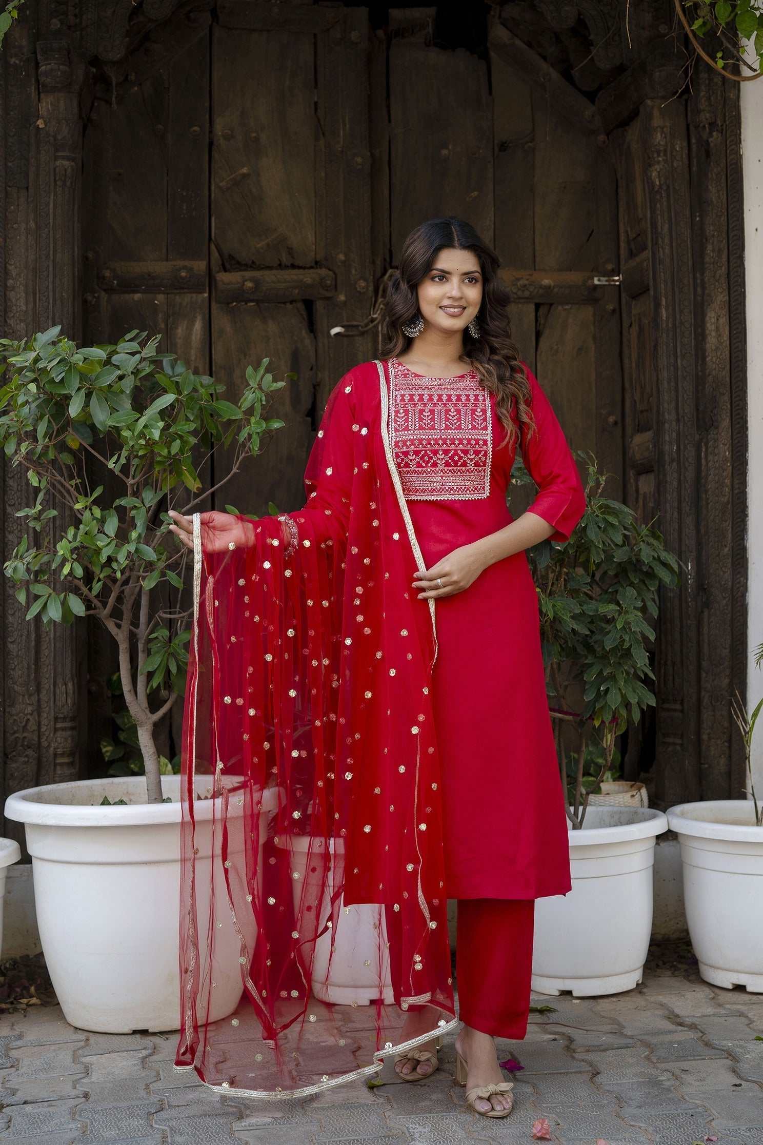 Women Red Embroidered Straight Kurta With Trouser And Net Dupatta | LASVINI - Redefining Indian Fashion with Elegance