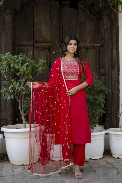 Women Red Embroidered Straight Kurta With Trouser And Net Dupatta | LASVINI - Redefining Indian Fashion with Elegance