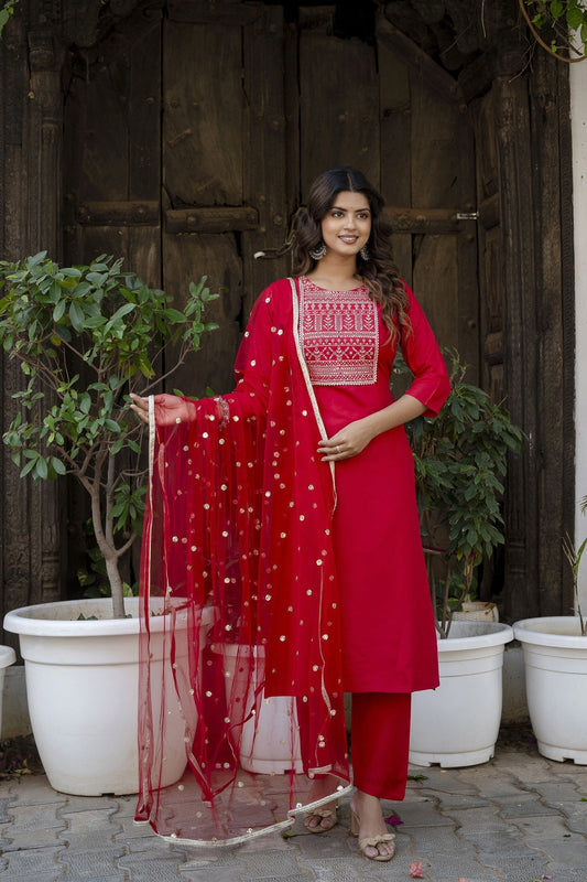 Women Red Embroidered Straight Kurta With Trouser And Net Dupatta | LASVINI - Redefining Indian Fashion with Elegance