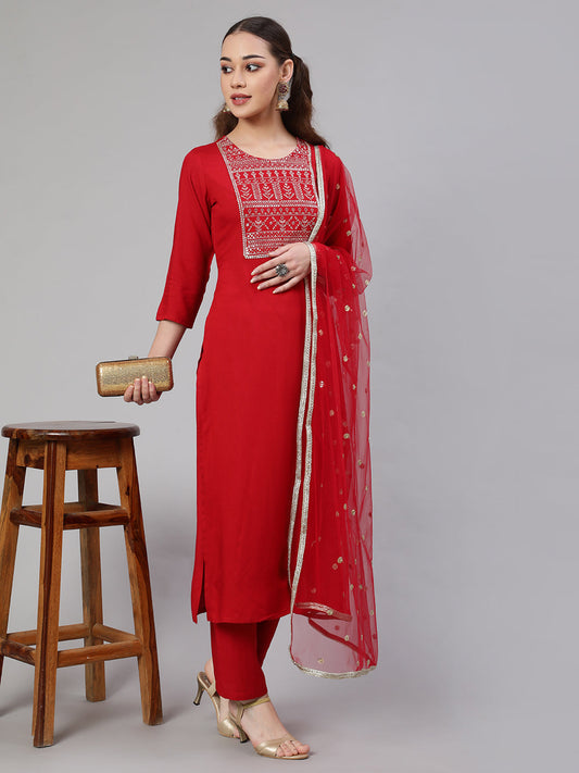 Women Red Embroidered Straight Kurta With Palazzo And Net Dupatta | LASVINI - Redefining Indian Fashion with Elegance