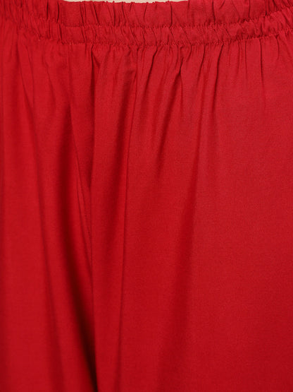 Women Red Embroidered Straight Kurta With Palazzo And Net Dupatta | LASVINI - Redefining Indian Fashion with Elegance