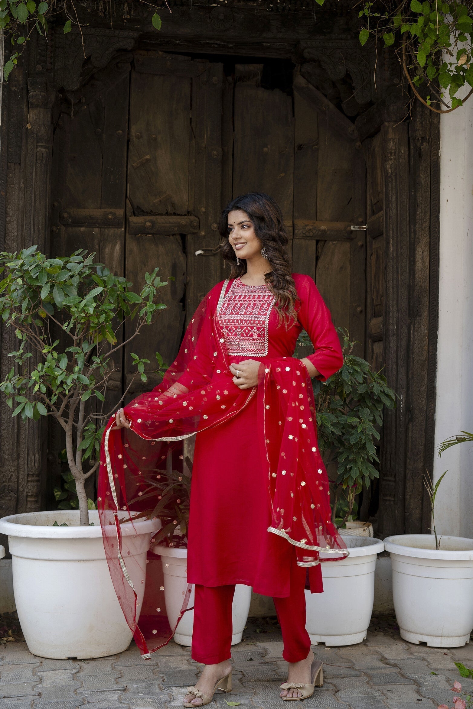 Women Red Embroidered Straight Kurta With Trouser And Net Dupatta | LASVINI - Redefining Indian Fashion with Elegance