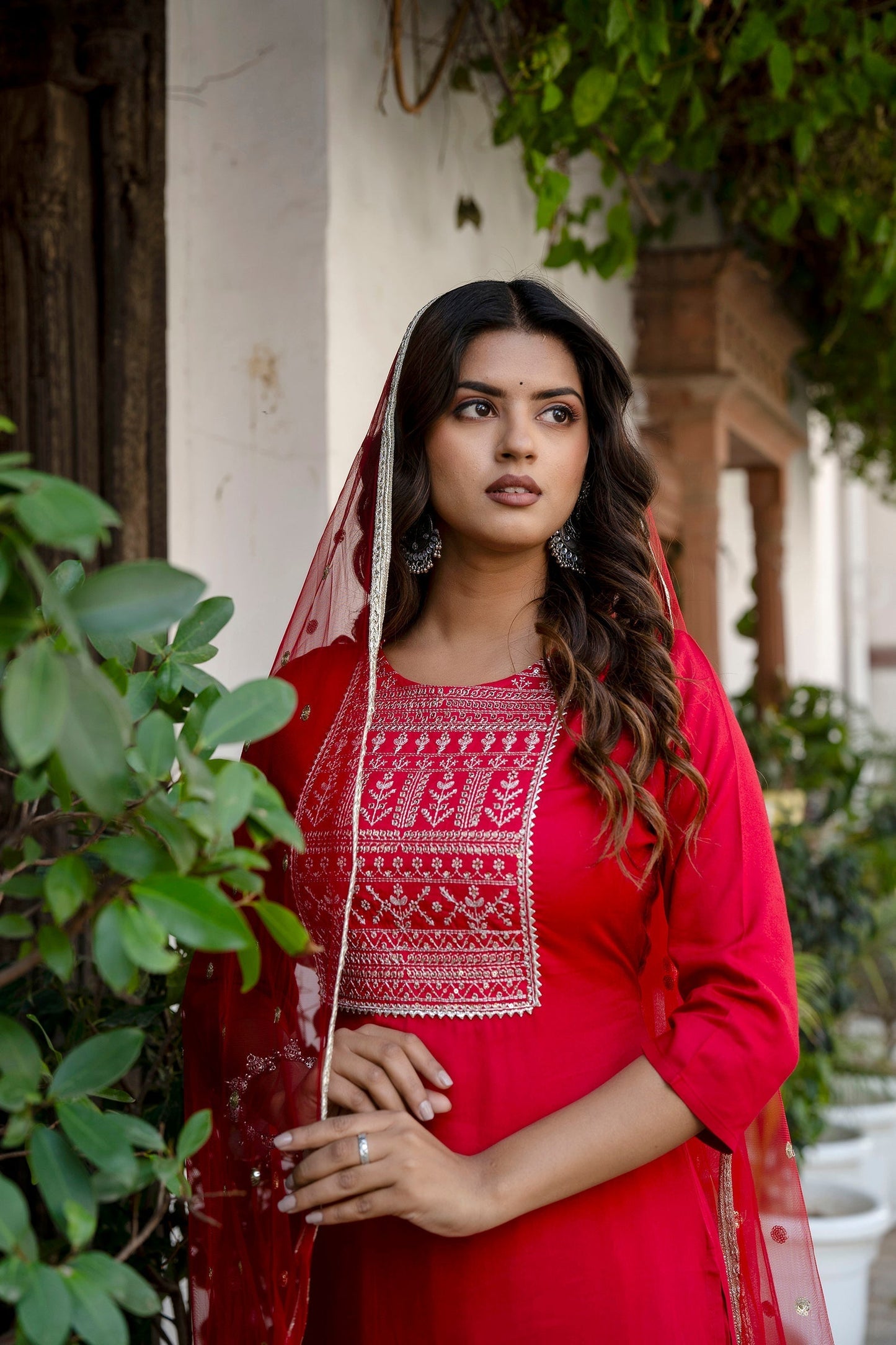 Women Red Embroidered Straight Kurta With Trouser And Net Dupatta | LASVINI - Redefining Indian Fashion with Elegance