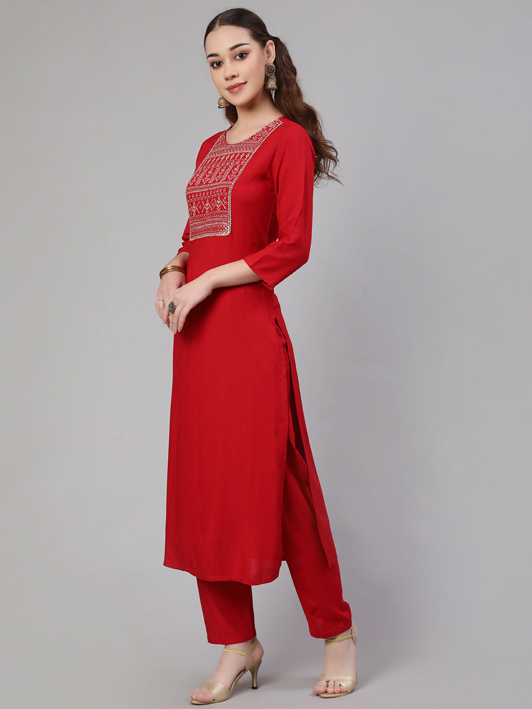 Women Red Embroidered Straight Kurta With Palazzo And Net Dupatta | LASVINI - Redefining Indian Fashion with Elegance