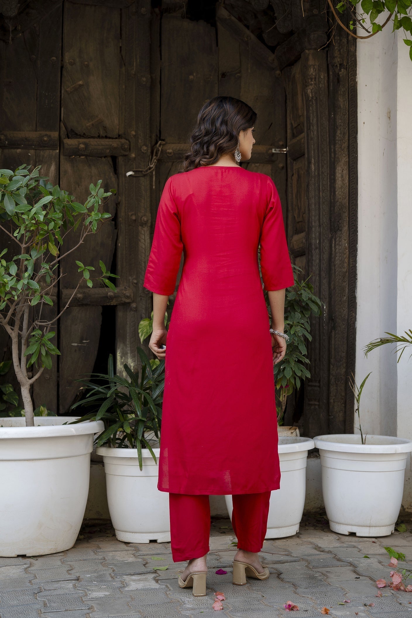 Women Red Embroidered Straight Kurta With Trouser And Net Dupatta | LASVINI - Redefining Indian Fashion with Elegance