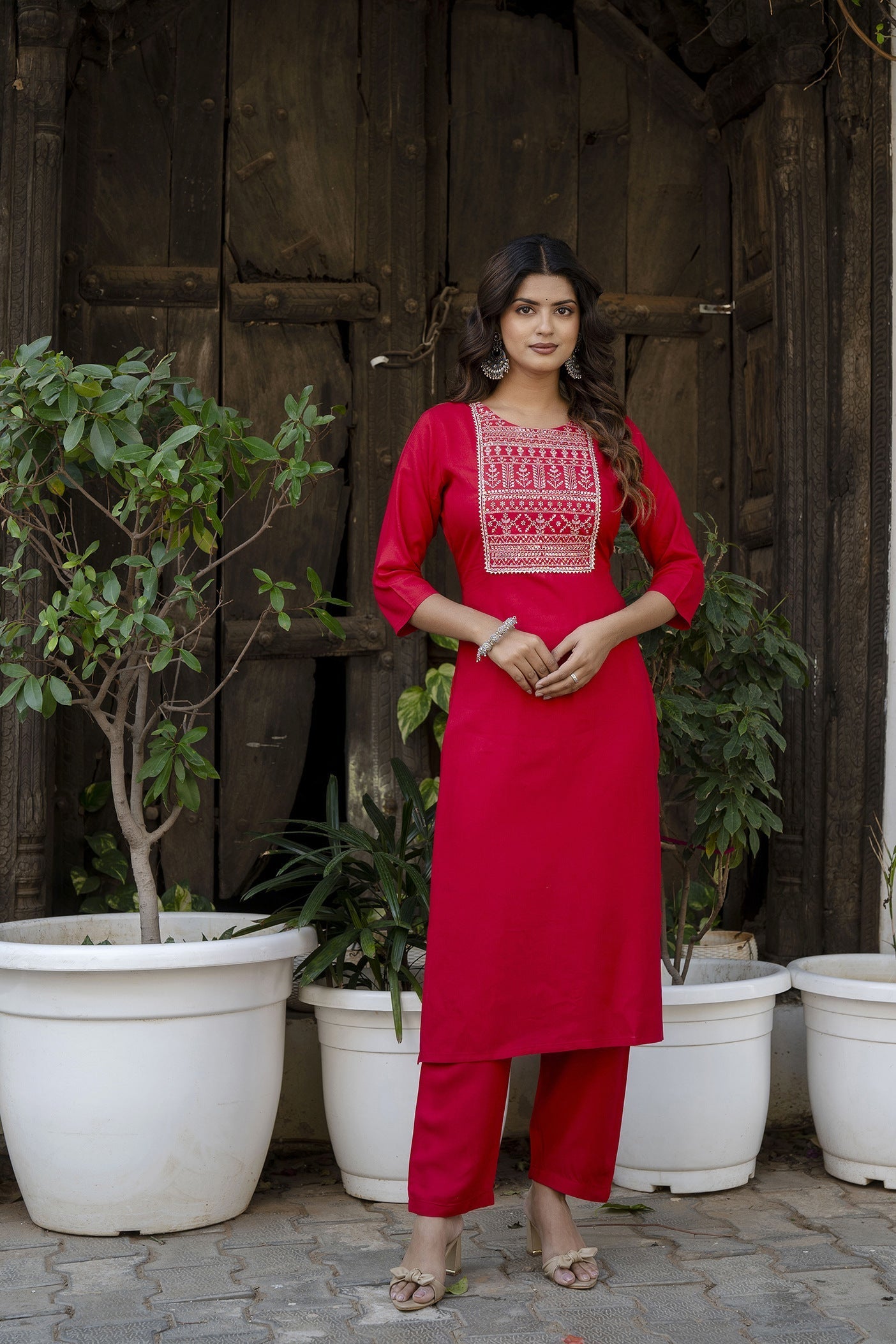 Women Red Embroidered Straight Kurta With Trouser And Net Dupatta | LASVINI - Redefining Indian Fashion with Elegance