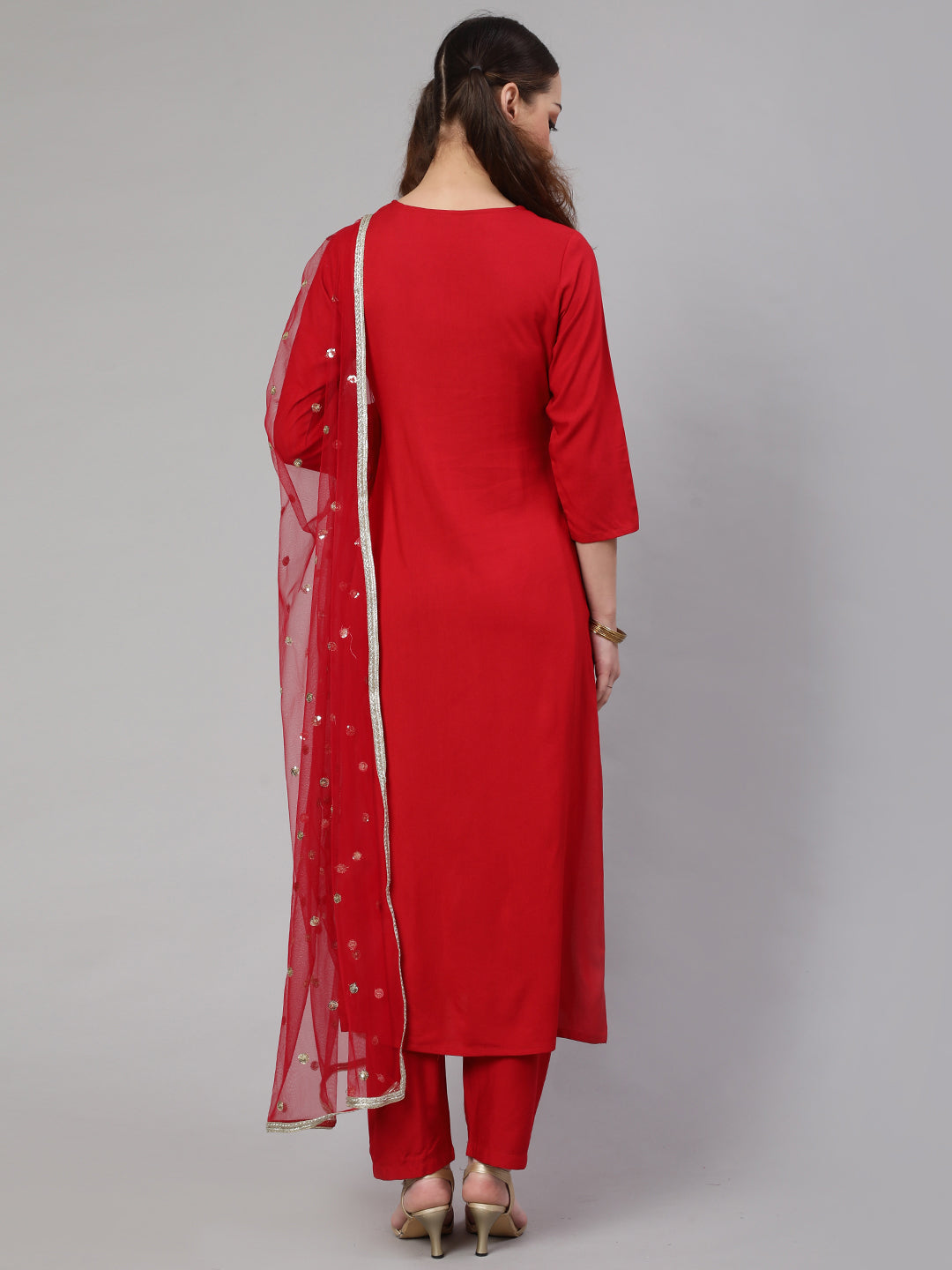 Women Red Embroidered Straight Kurta With Palazzo And Net Dupatta | LASVINI - Redefining Indian Fashion with Elegance