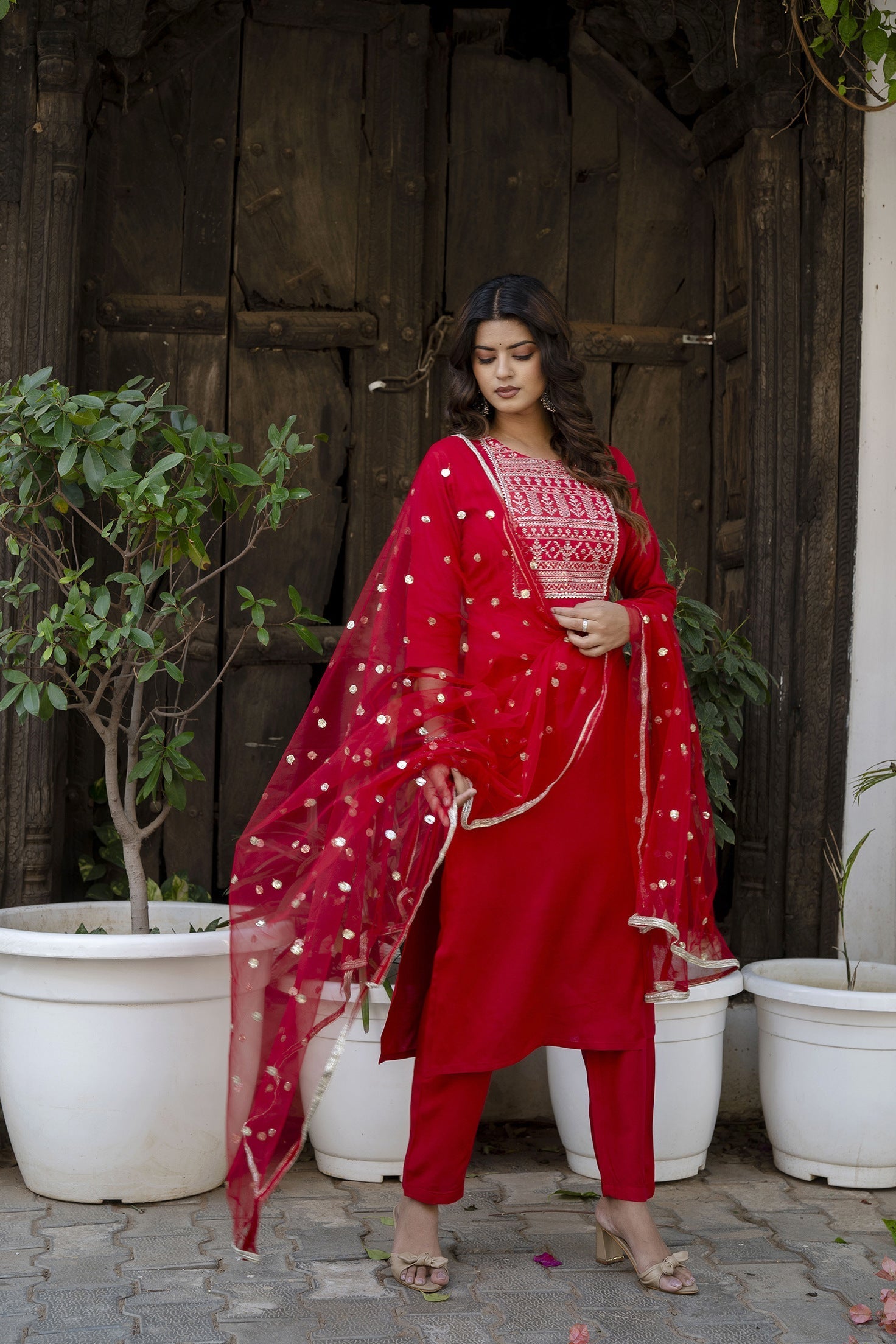 Women Red Embroidered Straight Kurta With Trouser And Net Dupatta | LASVINI - Redefining Indian Fashion with Elegance