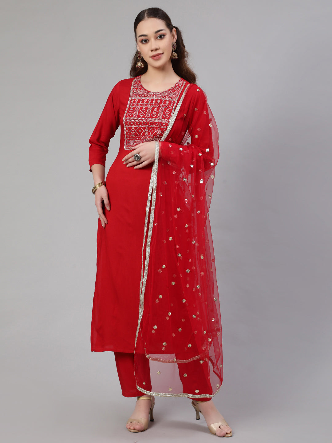 Women Red Embroidered Straight Kurta With Palazzo And Net Dupatta | LASVINI - Redefining Indian Fashion with Elegance