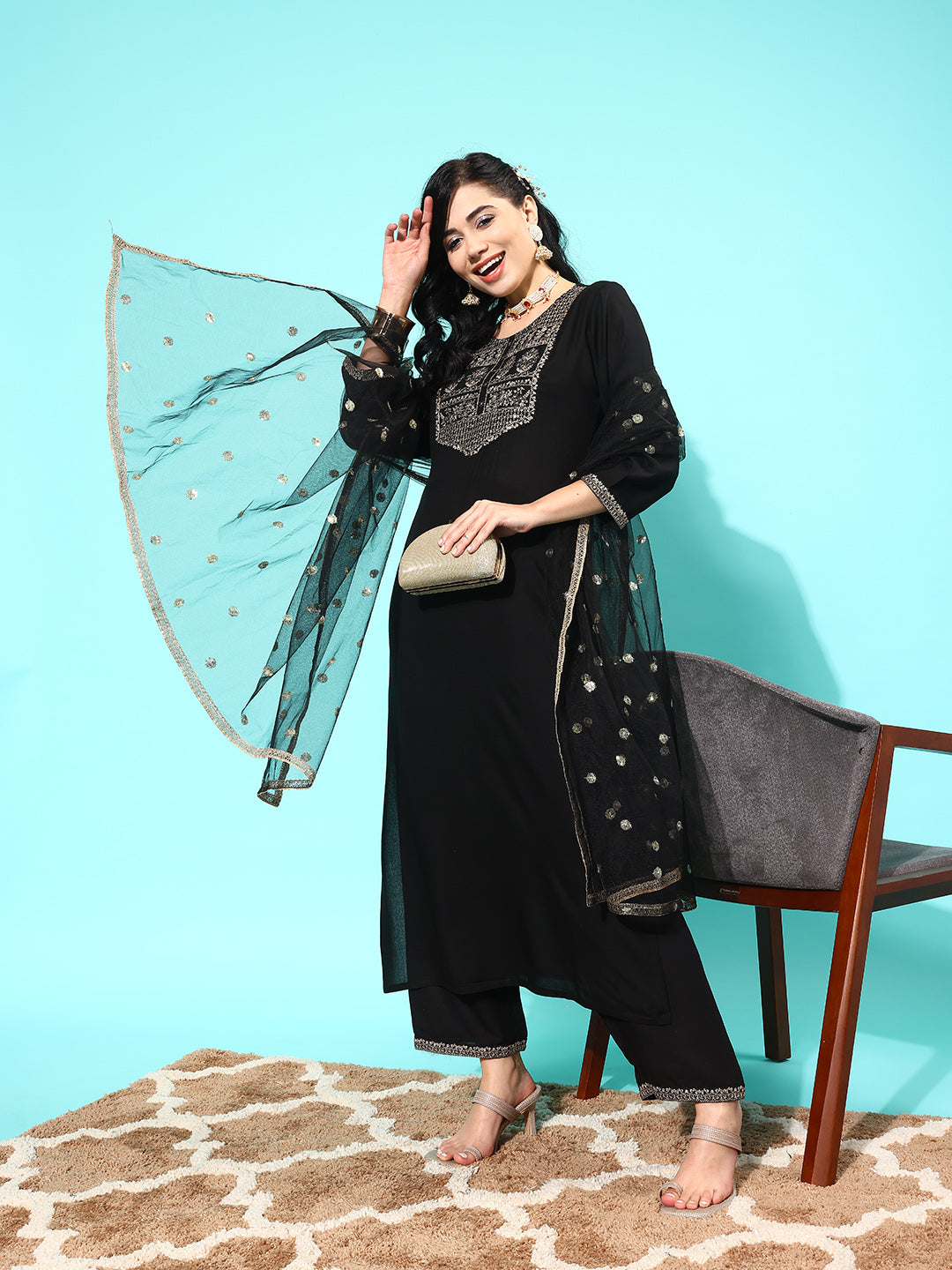 Women Black Embroidered Straight Kurta With Palazzo And Net Dupatta | LASVINI - Redefining Indian Fashion with Elegance