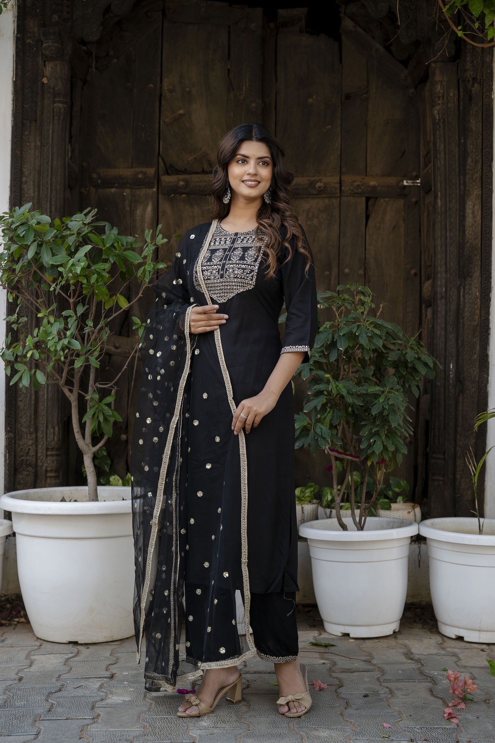 Women Black Embroidered Straight Kurta With Trouser And Net Dupatta | LASVINI - Redefining Indian Fashion with Elegance