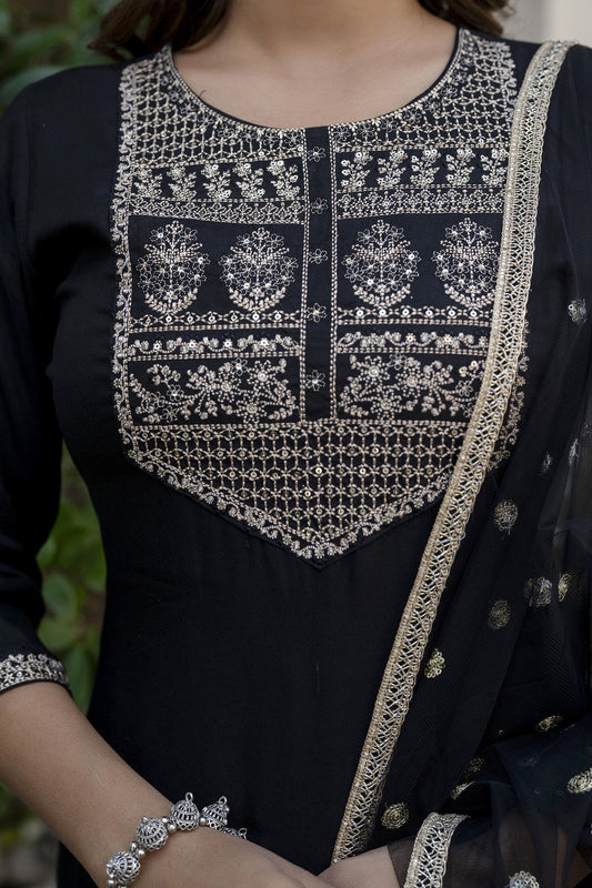 Women Black Embroidered Straight Kurta With Trouser And Net Dupatta | LASVINI - Redefining Indian Fashion with Elegance