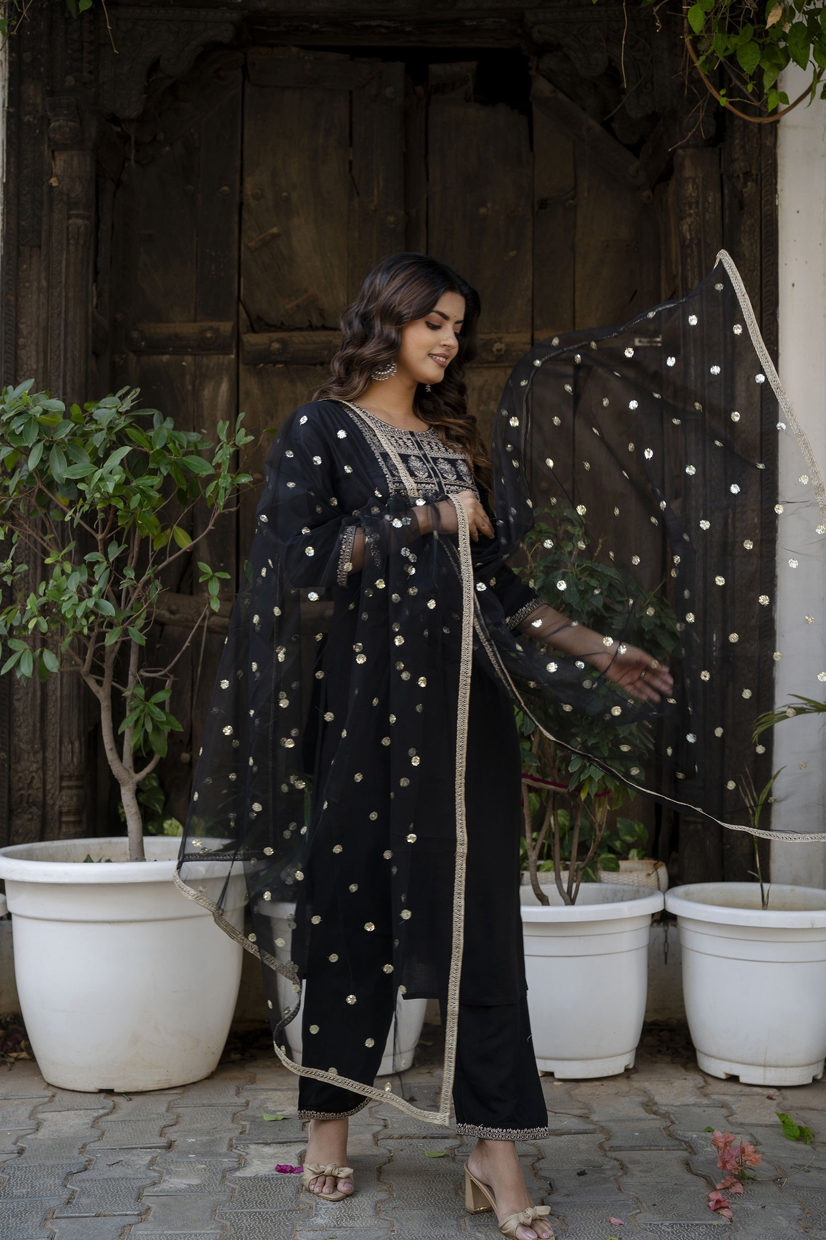 Women Black Embroidered Straight Kurta With Trouser And Net Dupatta | LASVINI - Redefining Indian Fashion with Elegance