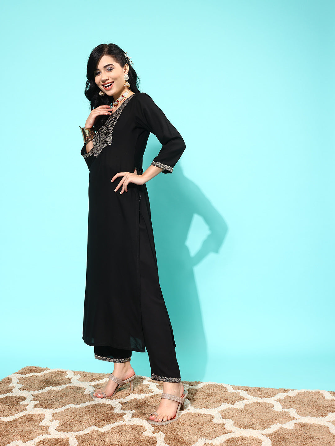 Women Black Embroidered Straight Kurta With Palazzo And Net Dupatta | LASVINI - Redefining Indian Fashion with Elegance