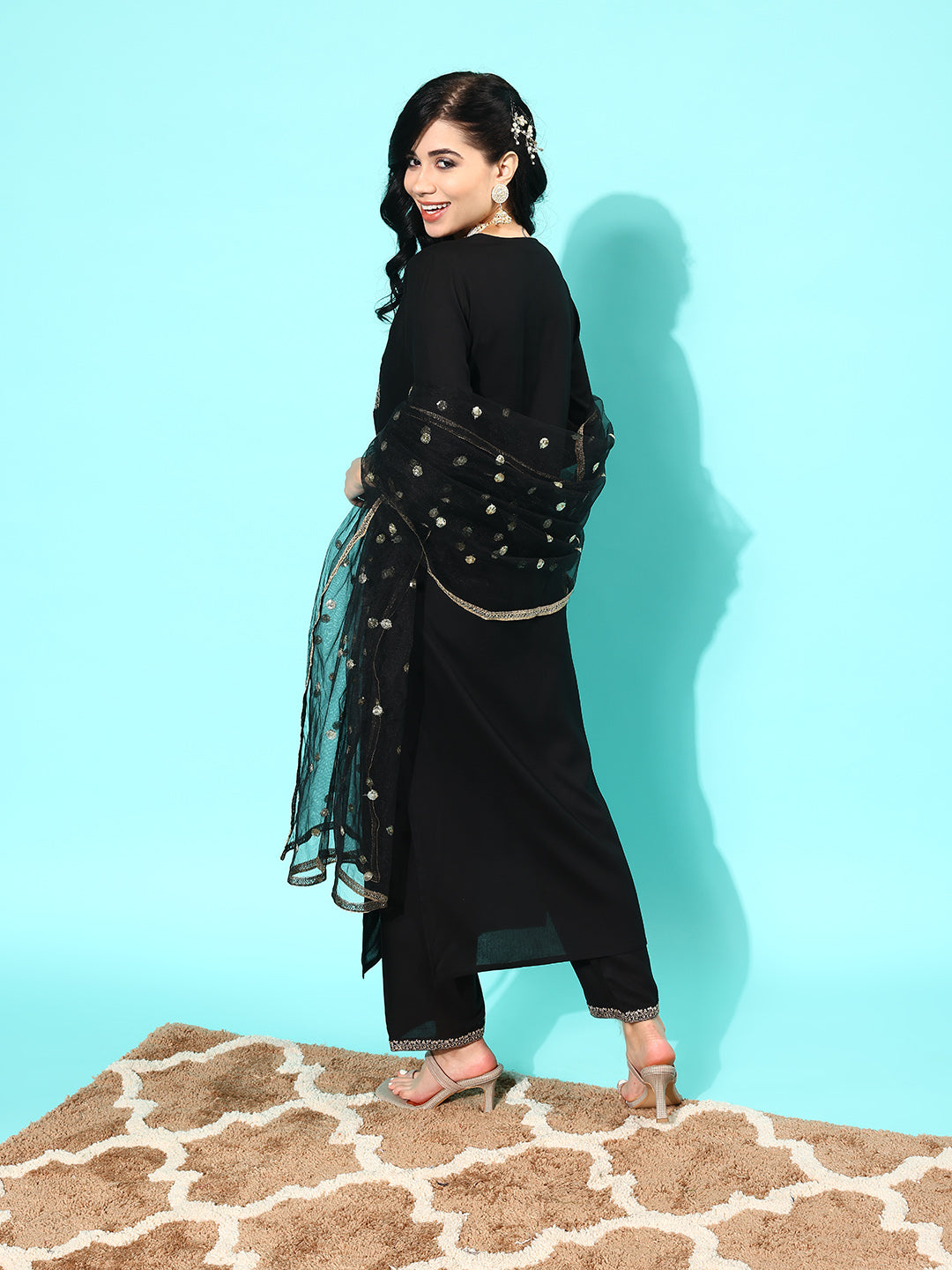 Women Black Embroidered Straight Kurta With Palazzo And Net Dupatta | LASVINI - Redefining Indian Fashion with Elegance