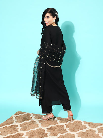 Women Black Embroidered Straight Kurta With Palazzo And Net Dupatta | LASVINI - Redefining Indian Fashion with Elegance