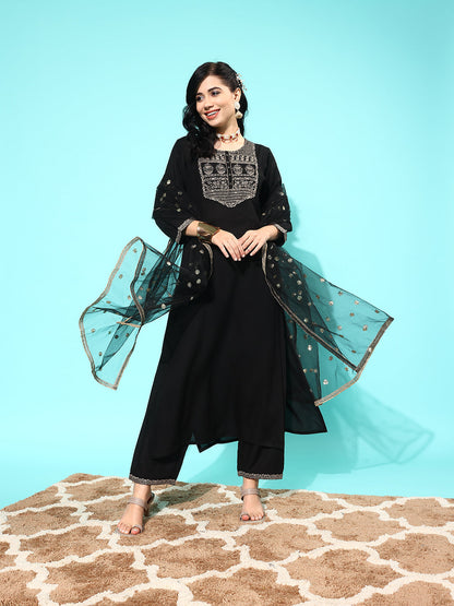 Women Black Embroidered Straight Kurta With Palazzo And Net Dupatta | LASVINI - Redefining Indian Fashion with Elegance