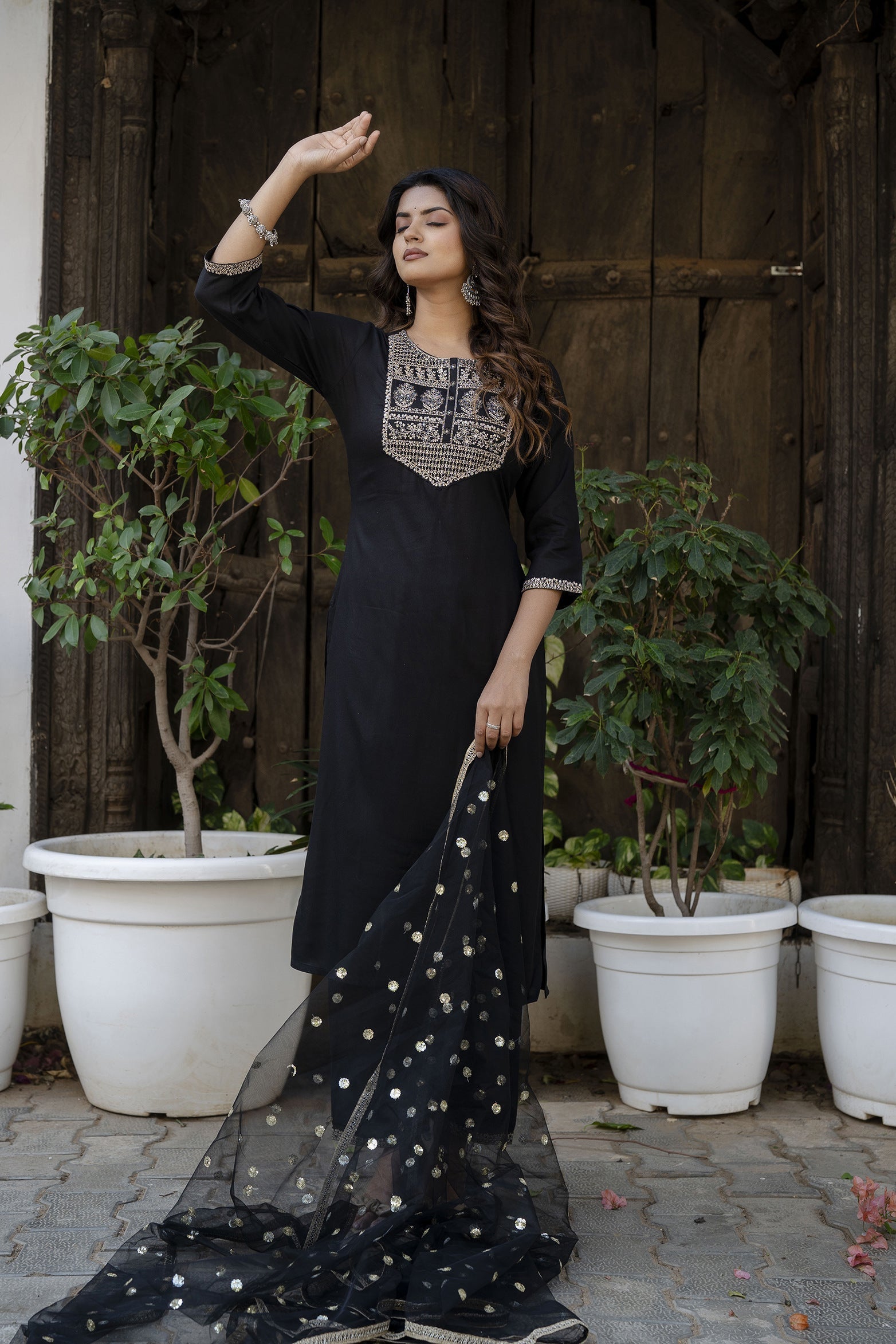 Women Black Embroidered Straight Kurta With Trouser And Net Dupatta | LASVINI - Redefining Indian Fashion with Elegance