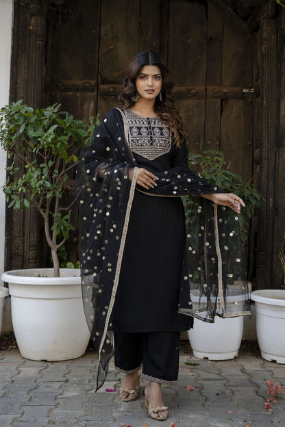 Women Black Embroidered Straight Kurta With Trouser And Net Dupatta | LASVINI - Redefining Indian Fashion with Elegance