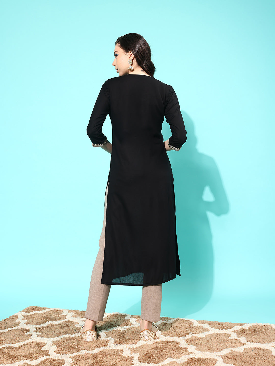 Women Black Embroidered Yoke Design Straight Kurta | LASVINI - Redefining Indian Fashion with Elegance