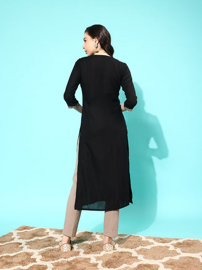 Women Black Embroidered Yoke Design Straight Kurta | LASVINI - Redefining Indian Fashion with Elegance