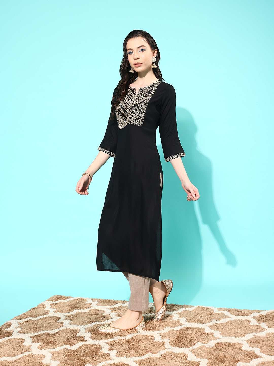 Women Black Embroidered Yoke Design Straight Kurta | LASVINI - Redefining Indian Fashion with Elegance