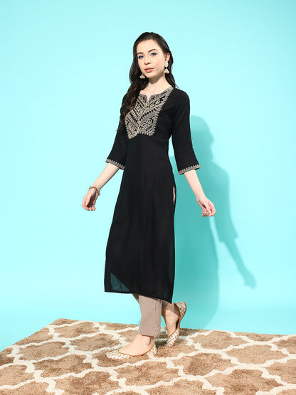 Women Black Embroidered Yoke Design Straight Kurta | LASVINI - Redefining Indian Fashion with Elegance