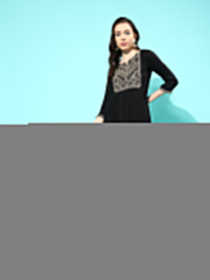 Women Black Embroidered Yoke Design Straight Kurta | LASVINI - Redefining Indian Fashion with Elegance