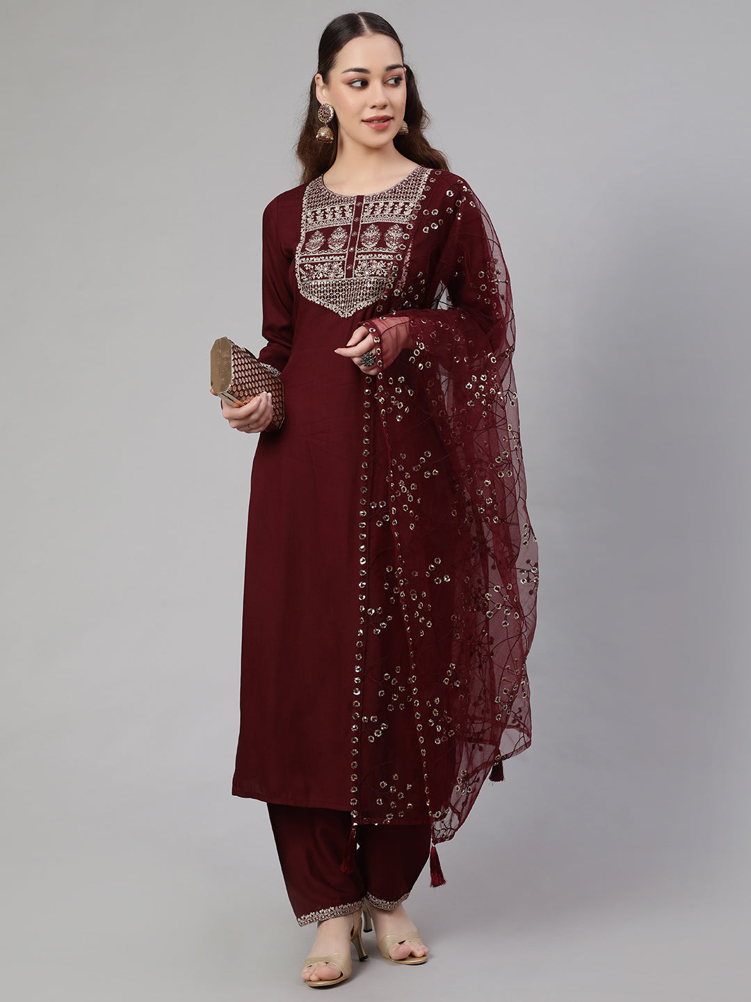 Women Burgundy Embroidered Straight Kurta With Palazzo And Net Dupatta | LASVINI - Redefining Indian Fashion with Elegance