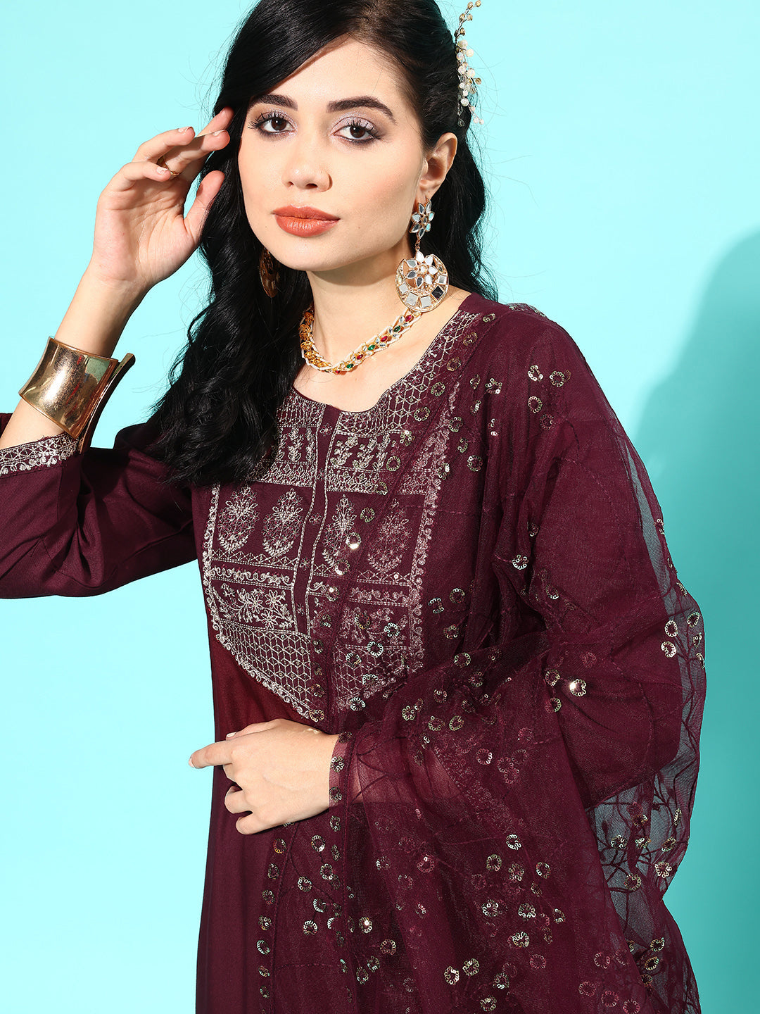 Women Burgundy Embroidered Straight Kurta With Palazzo And Net Dupatta | LASVINI - Redefining Indian Fashion with Elegance