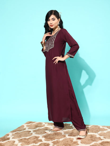 Women Burgundy Embroidered Straight Kurta With Palazzo And Net Dupatta | LASVINI - Redefining Indian Fashion with Elegance