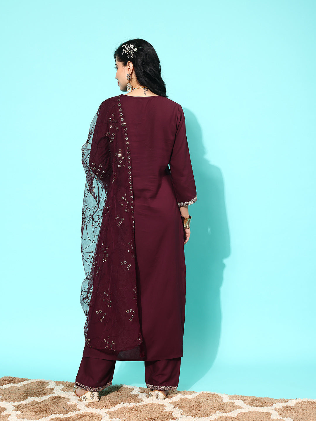 Women Burgundy Embroidered Straight Kurta With Palazzo And Net Dupatta | LASVINI - Redefining Indian Fashion with Elegance