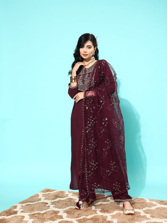 Women Burgundy Embroidered Straight Kurta With Palazzo And Net Dupatta | LASVINI - Redefining Indian Fashion with Elegance